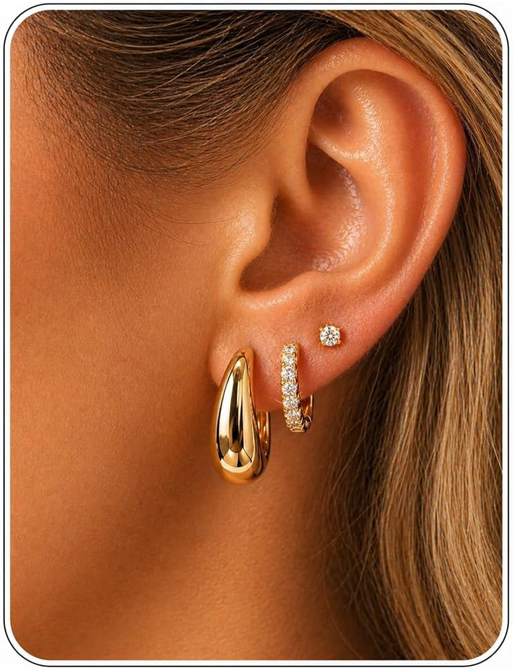 Styleeary Aretes de oro para mujer, pequeños y gruesos, chapados en...