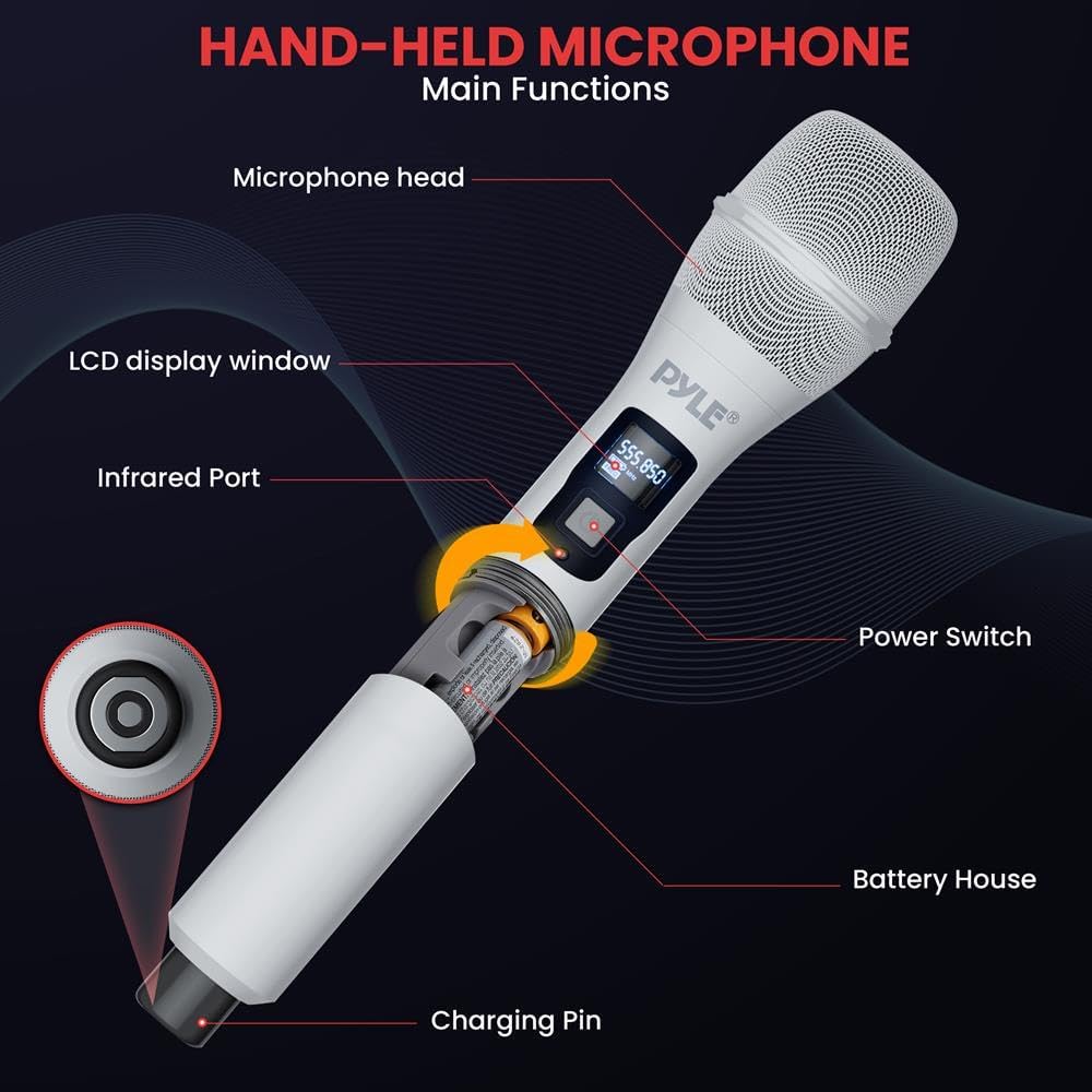 Pyle Sistema de micrófono inalámbrico UHF con micrófonos de mano du...