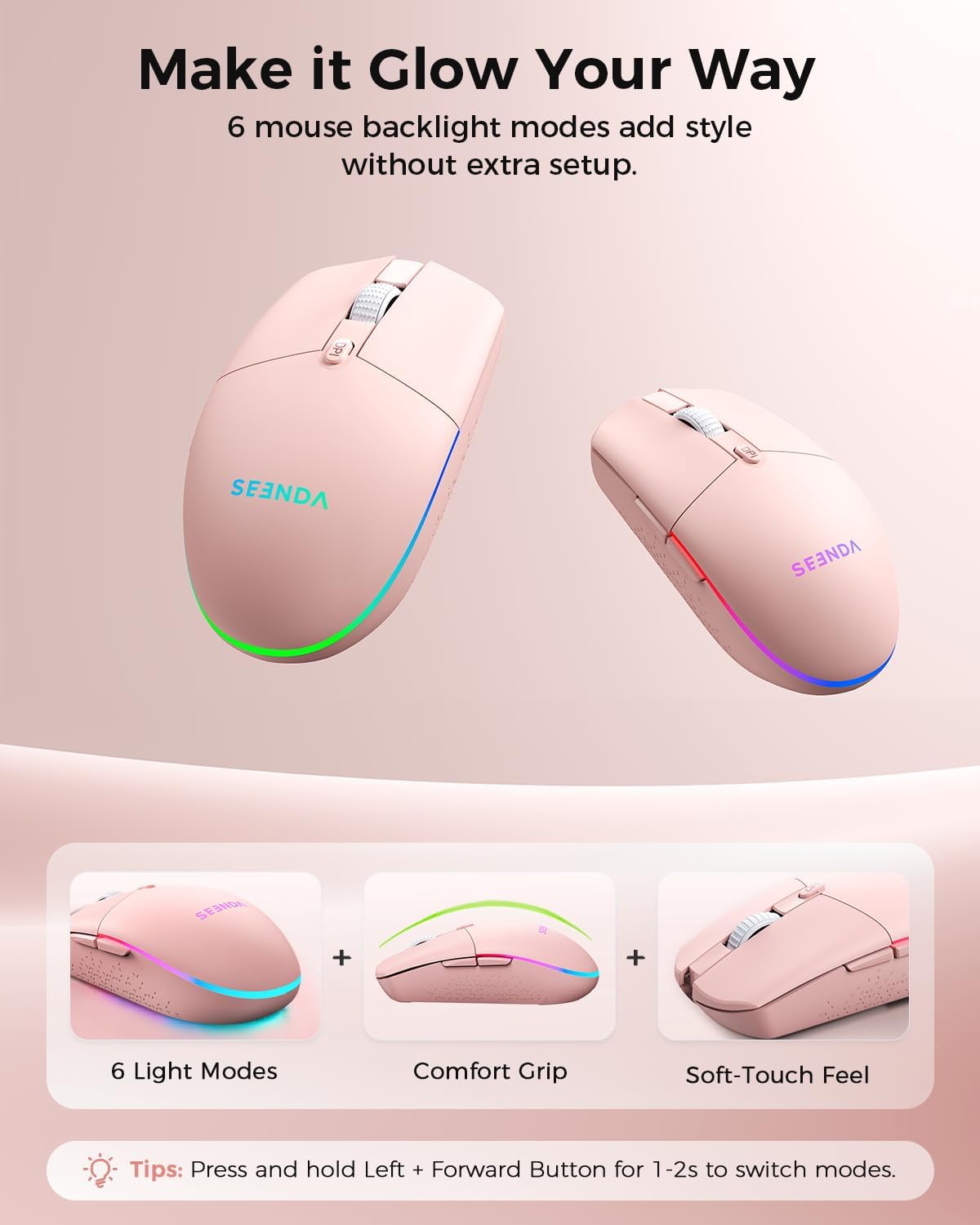 Seenda Teclado y ratón inalámbricos Bluetooth, retroiluminado multi...