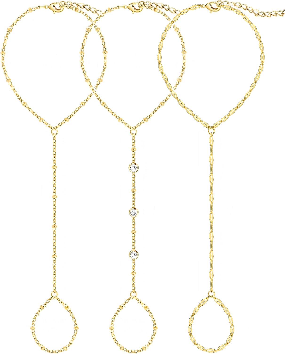 3 piezas de pulseras de cadena de mano chapadas en oro de 14 quilat...