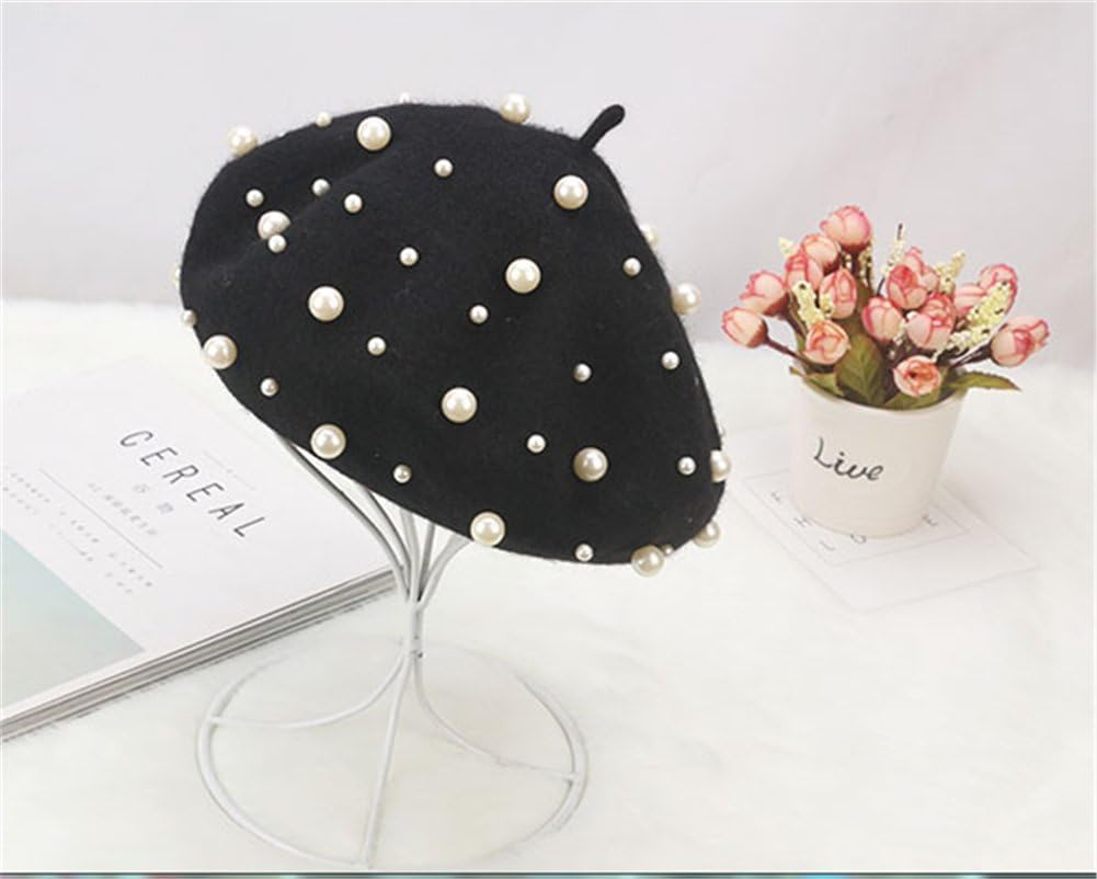 Sombrero de boina vintage de lana de perla para mujer, gorro cálido...