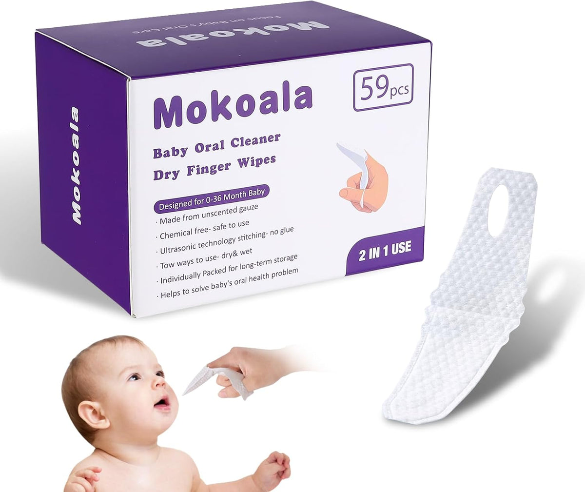 Mokoala Cepillo de dientes para dedos de bebé, toallitas limpiadora...