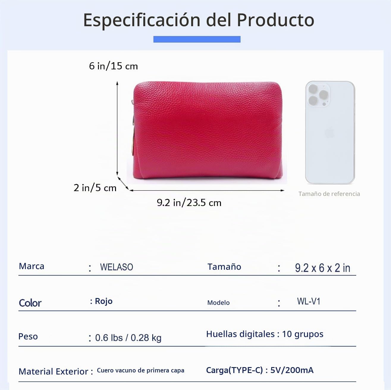 Welaso Bolso de mano de cuero con bloqueo de huellas dactilares, an...
