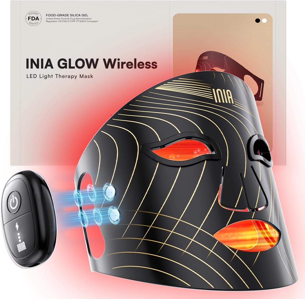 INIA Máscara inalámbrica de terapia de luz roja GLOW para cara, 850...