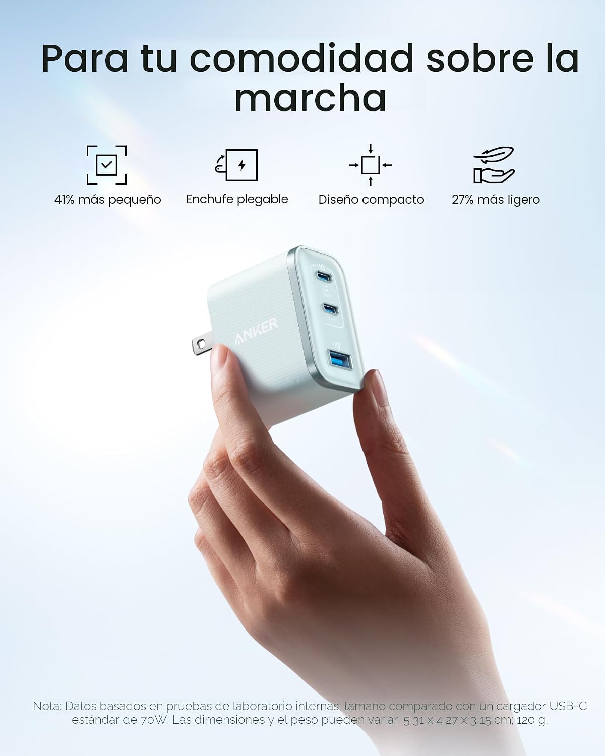 Anker Cargador rápido Nano 70W Max de 3 puertos USB C, cargador tip...