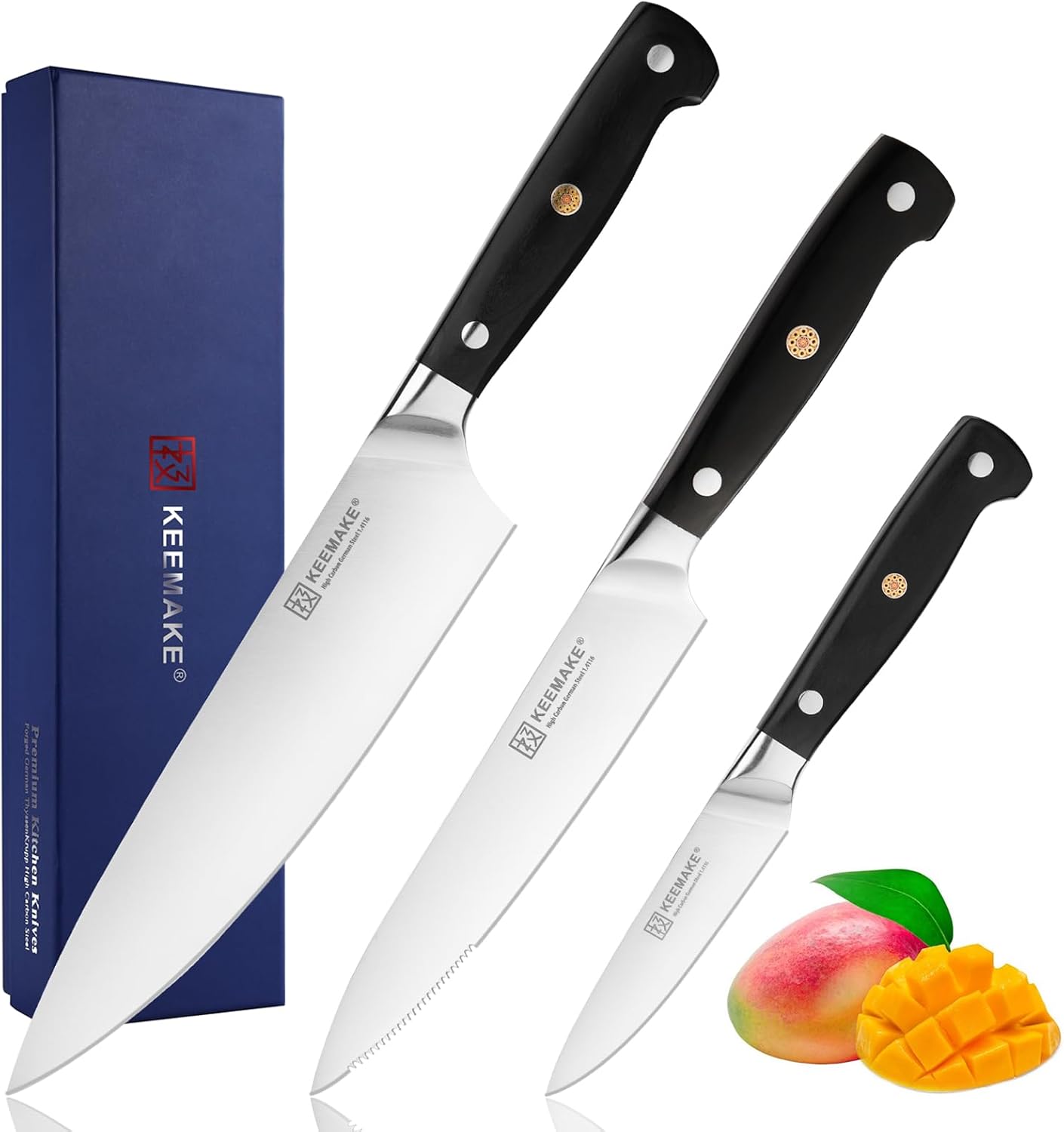 KEEMAKE Juego de cuchillos de cocina, 3 cuchillos afilados de acero...