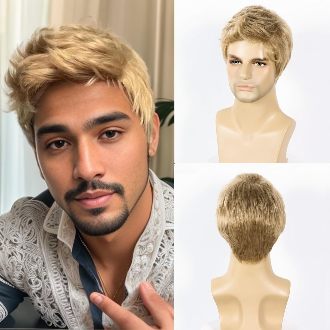 BEAUTY FLAG - Peluca rubia para hombre de cabello corto y liso sint...