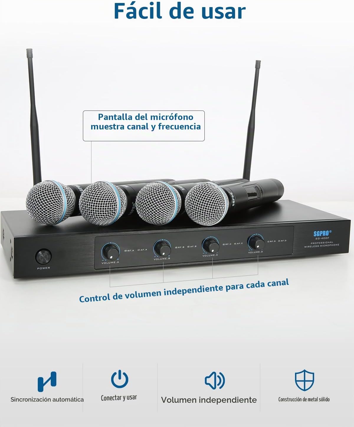 SGPRO Sistema de micrófono inalámbrico de 4 canales, rango de 250 p...