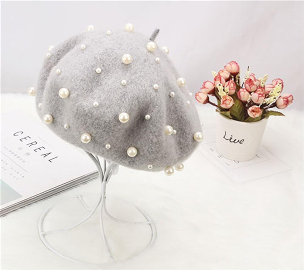 Sombrero de boina vintage de lana de perla para mujer, gorro cálido...