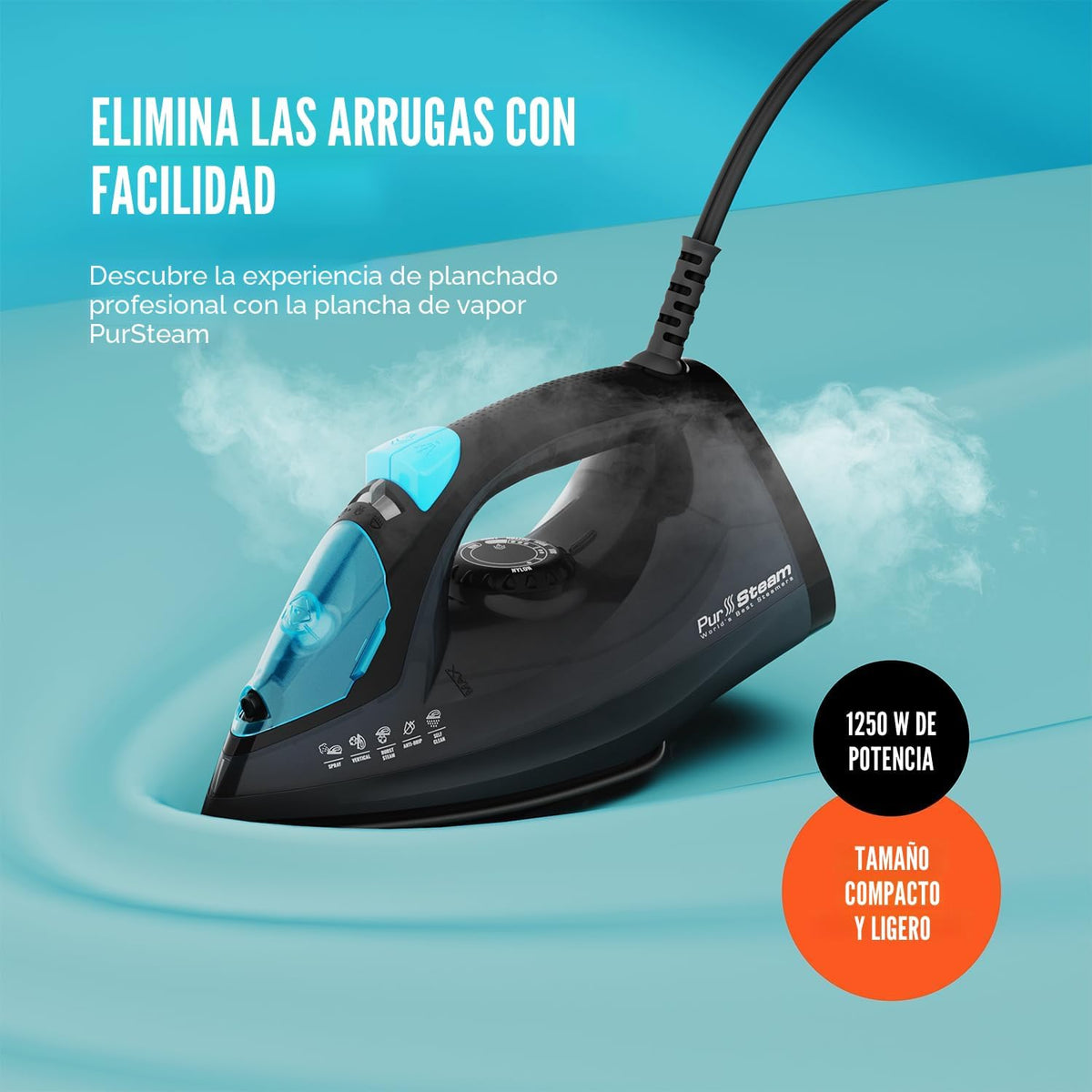PurSteam - Plancha de vapor profesional de 1250 W, potente vaporiza...