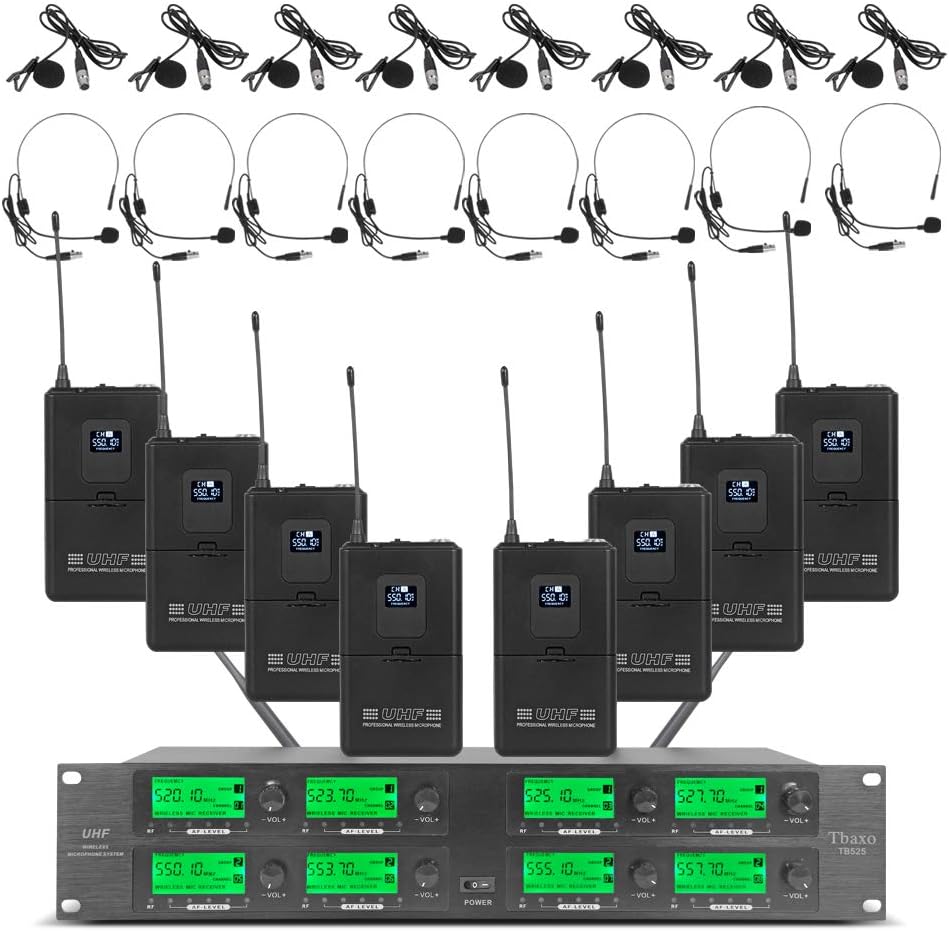 Sistema de Micrófono Inalámbrico UHF de 8 Canales con 8 Bodypacks L...