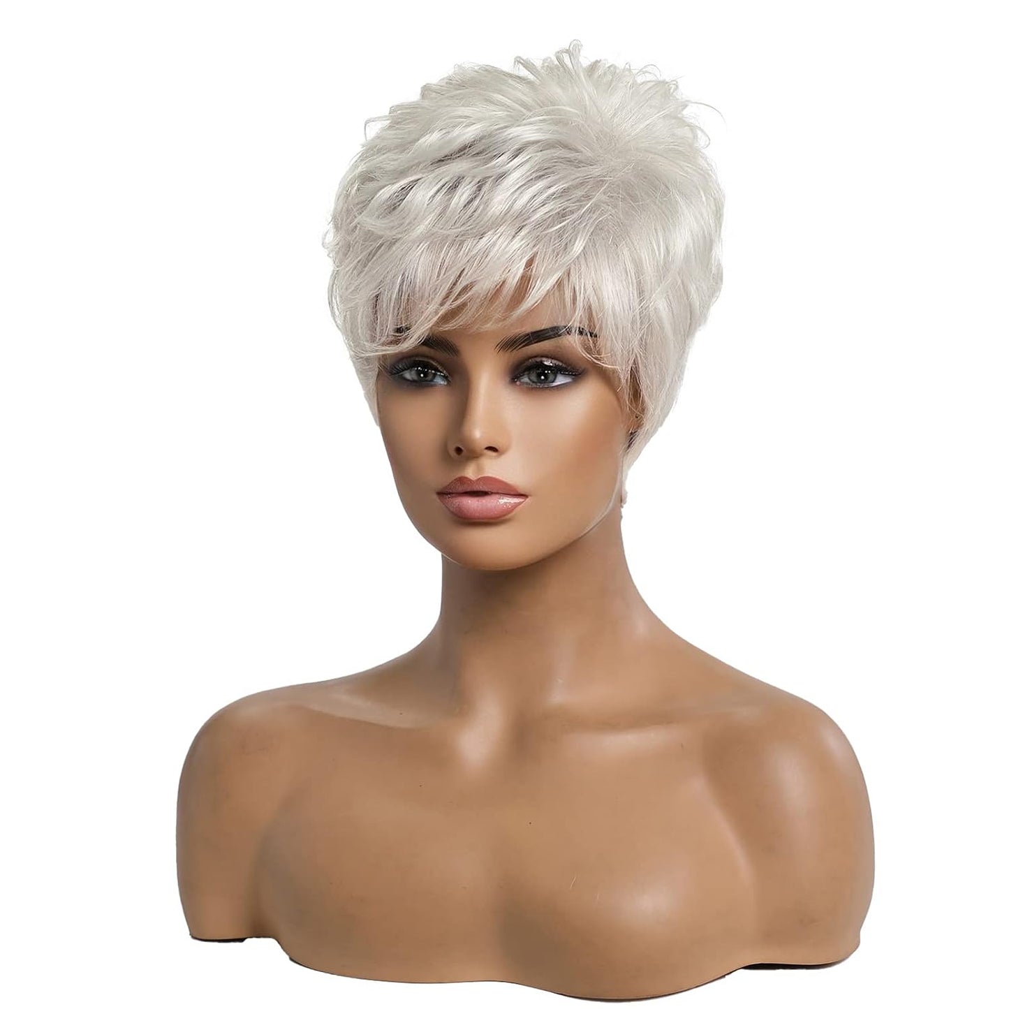 EMMOR Pelucas cortas de cabello humano gris plateado para mujer, me...