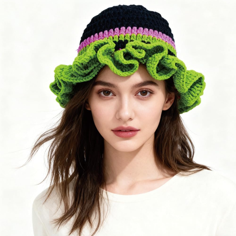AMOFIA Gorro de punto para mujer, gorro de ganchillo con volantes,...