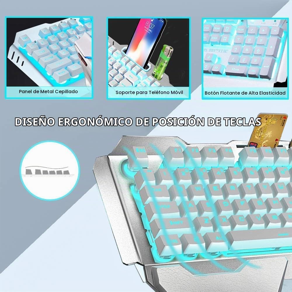 Teclado y ratón inalámbricos, teclado recargable con retroiluminaci...