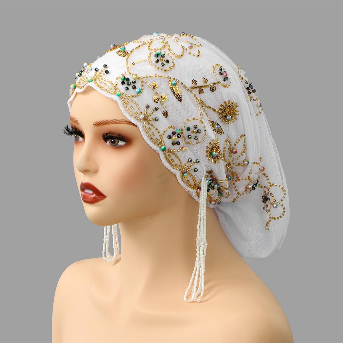 Turbante para mujer, con cuentas de encaje, musulmán, hijab, gorro...