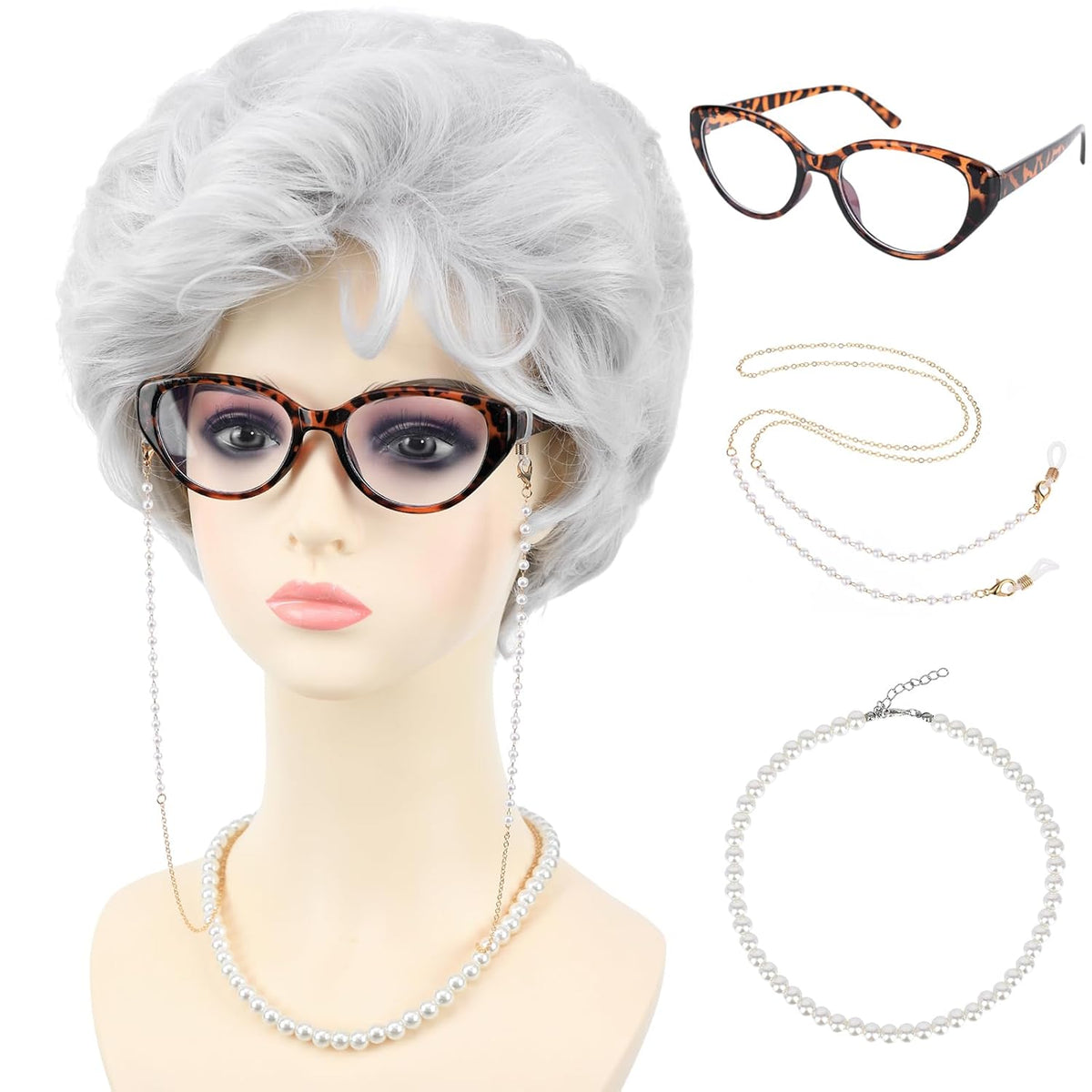 PUREHAIR Peluca de disfraz de anciana blanca para mujer con gafas,...