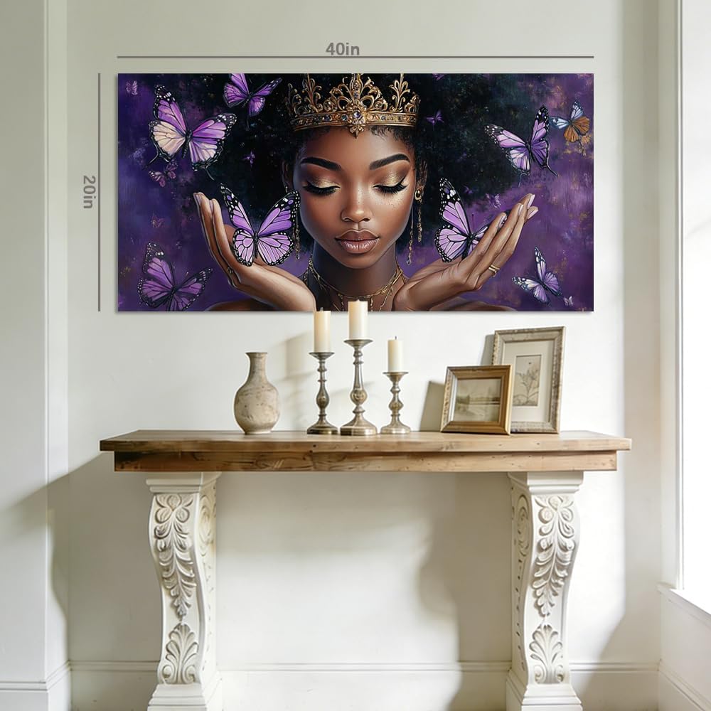 Lienzo de reina afroamericana para pared, diseño de mariposa morada...