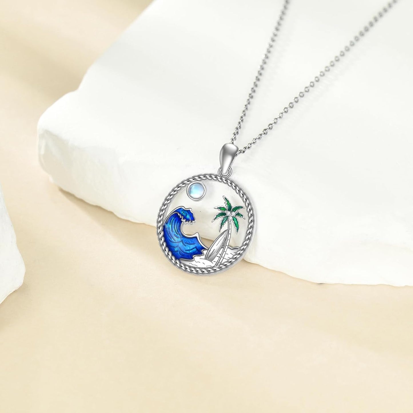 YAFEINI Collar de playa de plata de ley 925 con piedra lunar y palm...