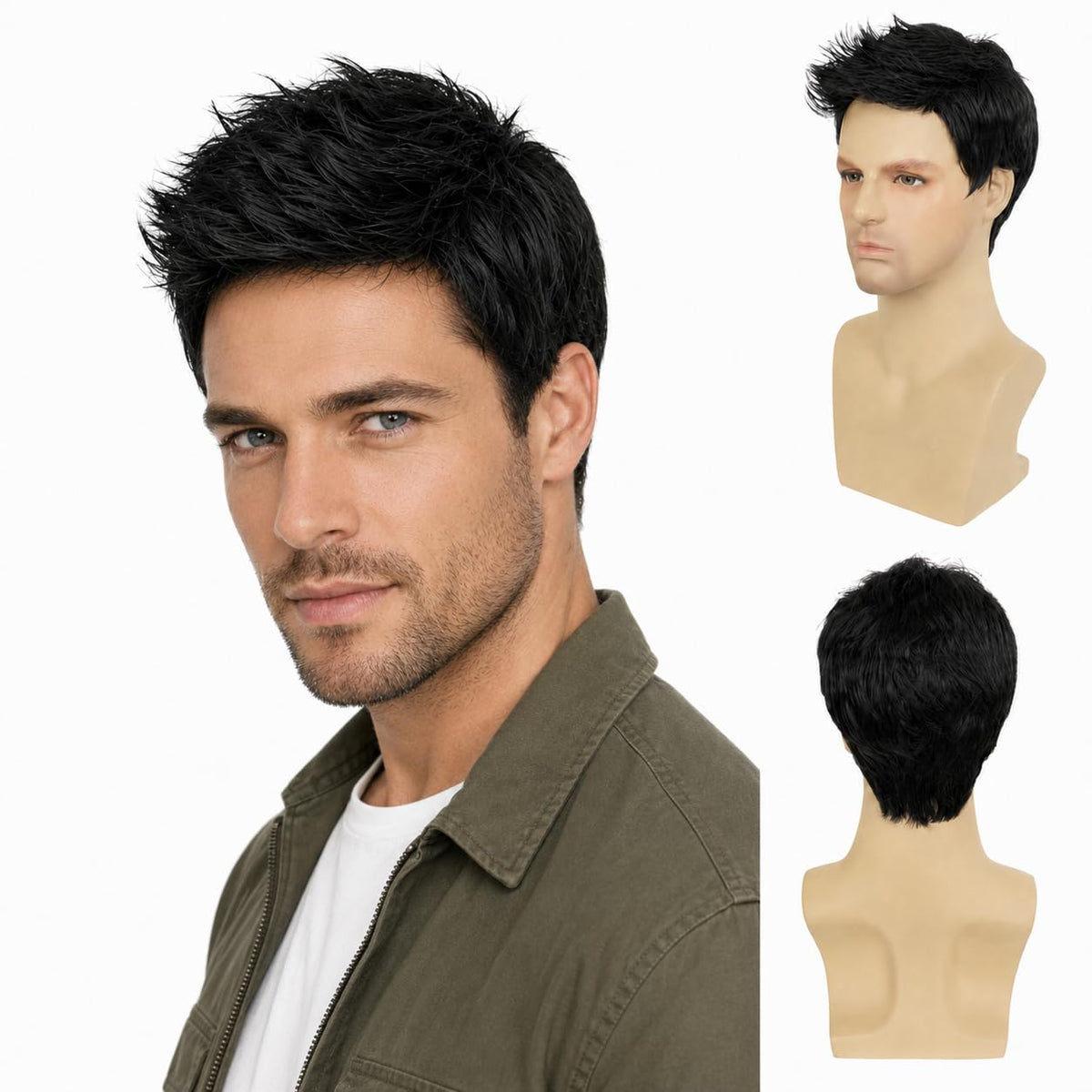 Star Flower Pelucas negras para hombre, peluca sintética de capas c...