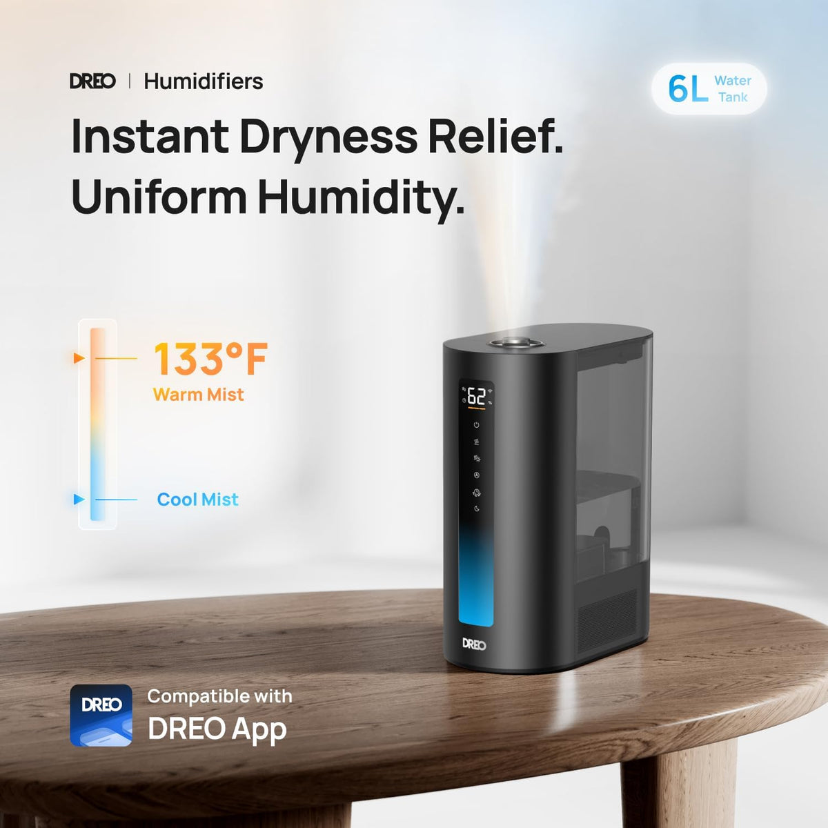 DREO Humidificadores inteligentes de 6L para dormitorio, niebla cál...