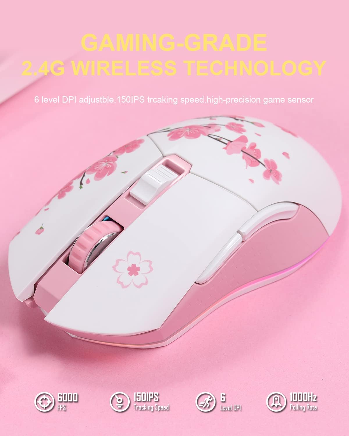 DAREU Sakura Pink - Ratón inalámbrico con cable para juegos, modo d...