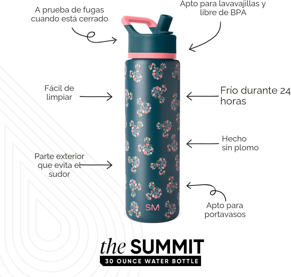 Simple Modern Summit - Botella de agua con tapa con pajilla, vaso a...