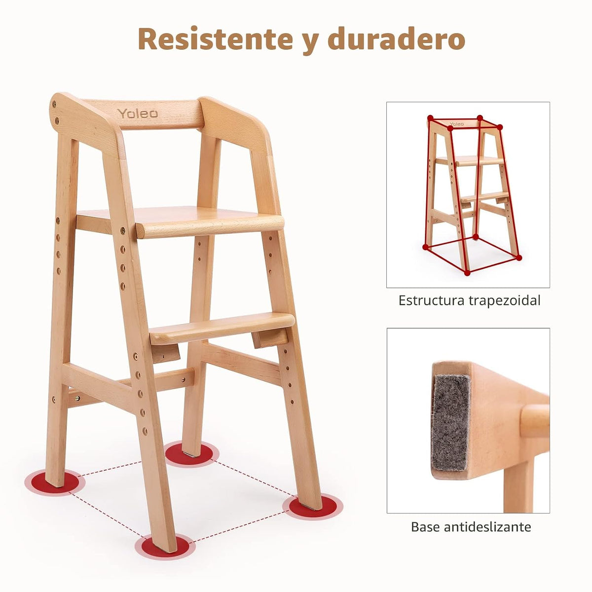 Trona de madera para niños pequeños, silla de alimentación ajustabl...