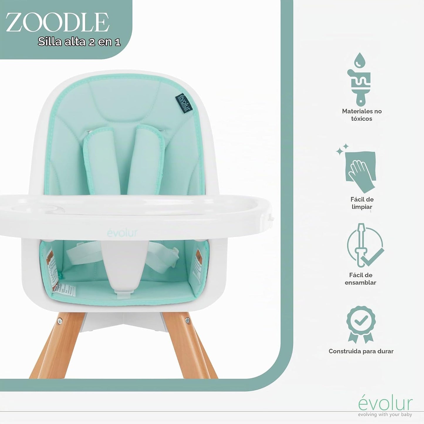 évolur Zoodle - Silla alta 3 en 1 en color menta, silla de alimenta...