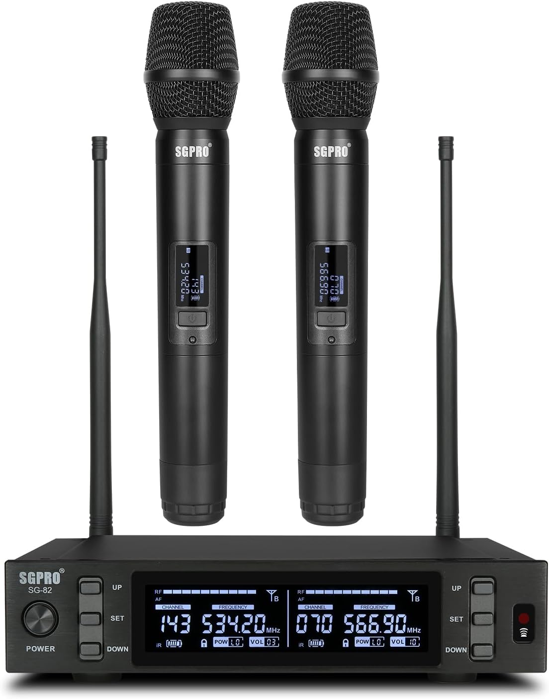 SGPRO SG-82HH Sistema de micrófono inalámbrico de mano doble, 520-5...