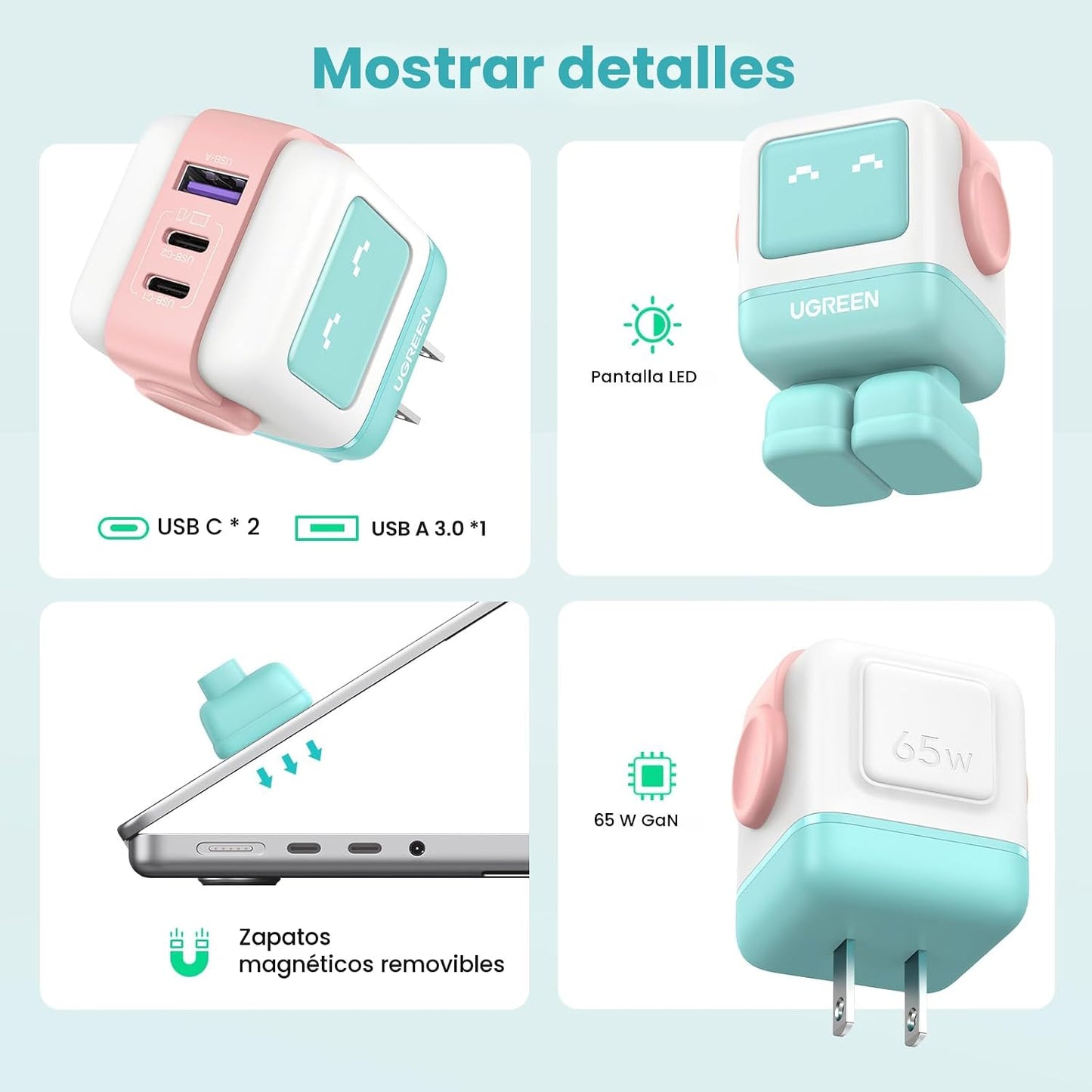 UGREEN Uno - Bloque de cargador USB C de 65 W, cargador GaN de 3 pu...