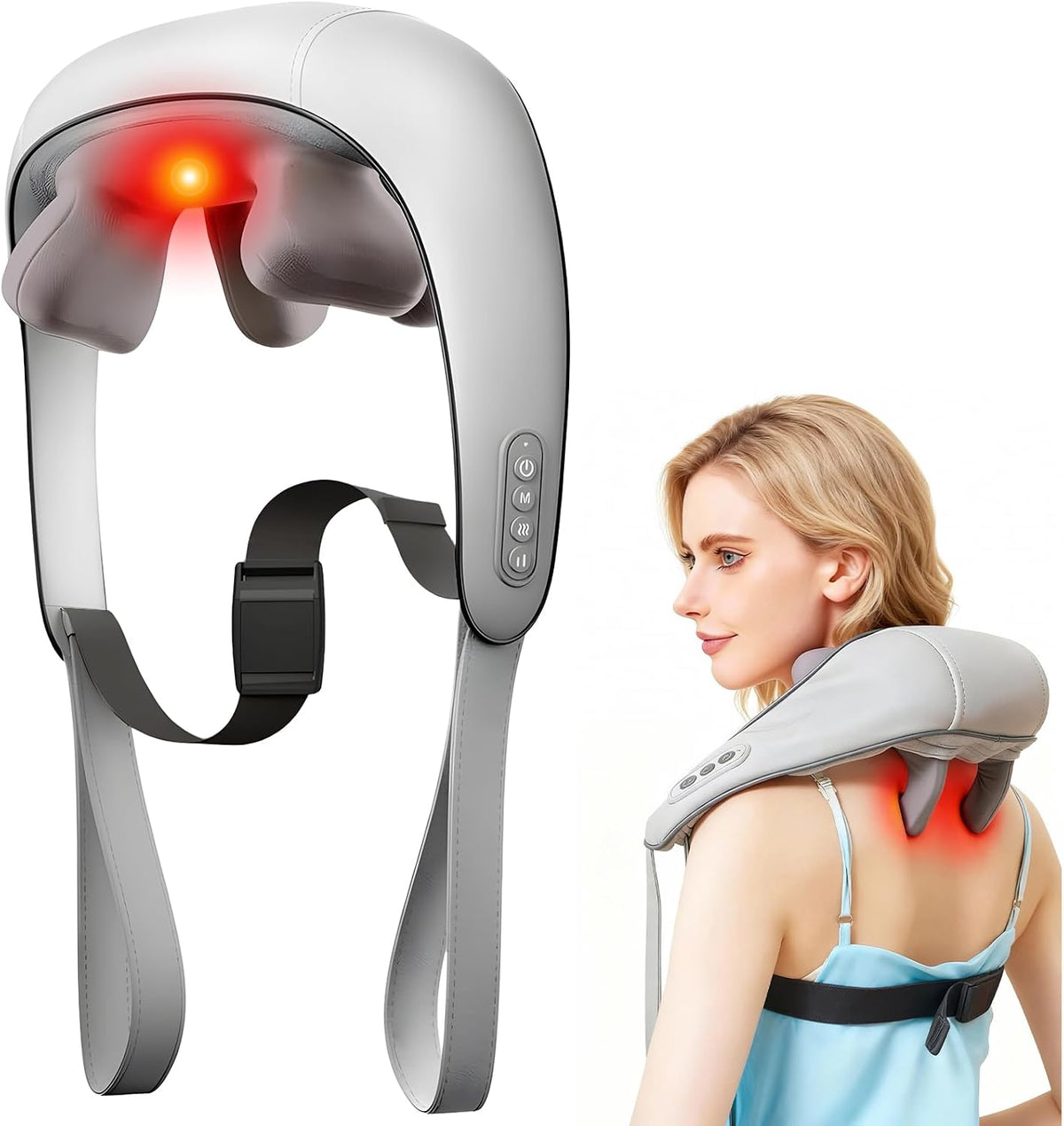 Masajeador de cuello inalámbrico con calor, masaje de amasamiento d...