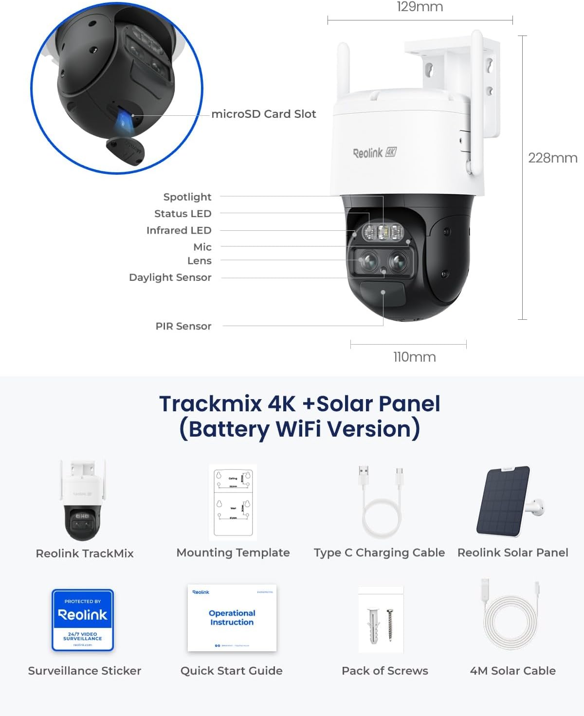 REOLINK TrackMix+Panel Solar, cámaras de seguridad solar 4K para ex...