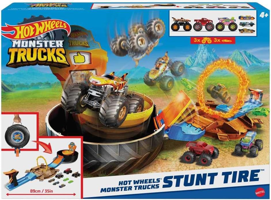 Hot Wheels Juego de camiones monstruo de juguete, funda en forma de...