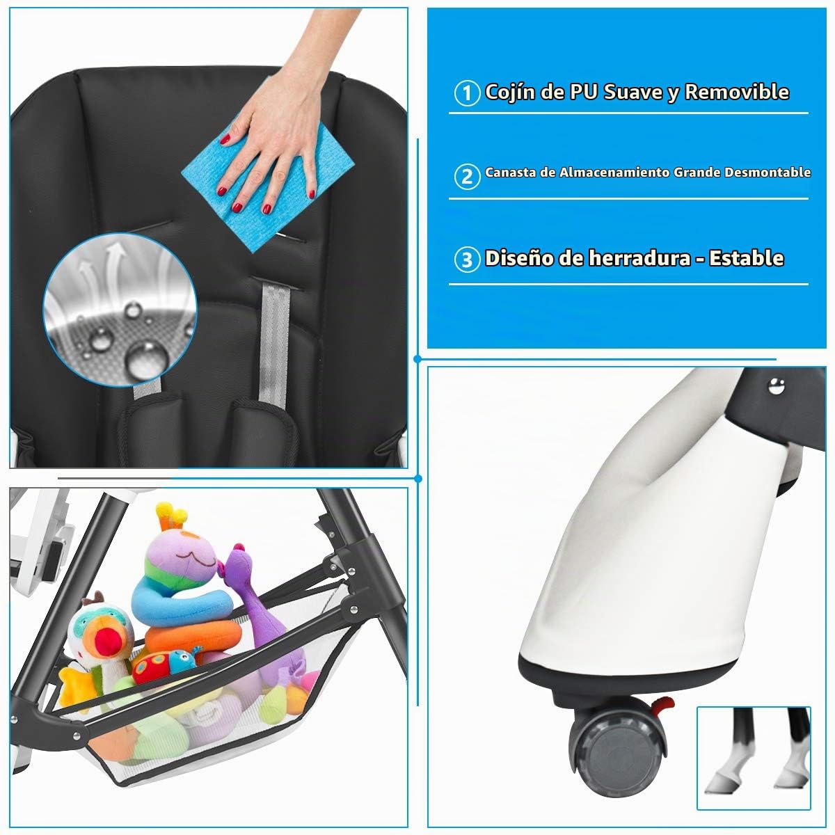 INFANS Silla alta con bandeja extraíble con una sola mano, 4 ruedas...
