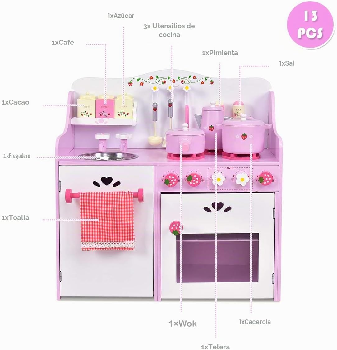 HONEY JOY Juego de Cocina Rosa para Niños, Cocina de Juego de Simul...
