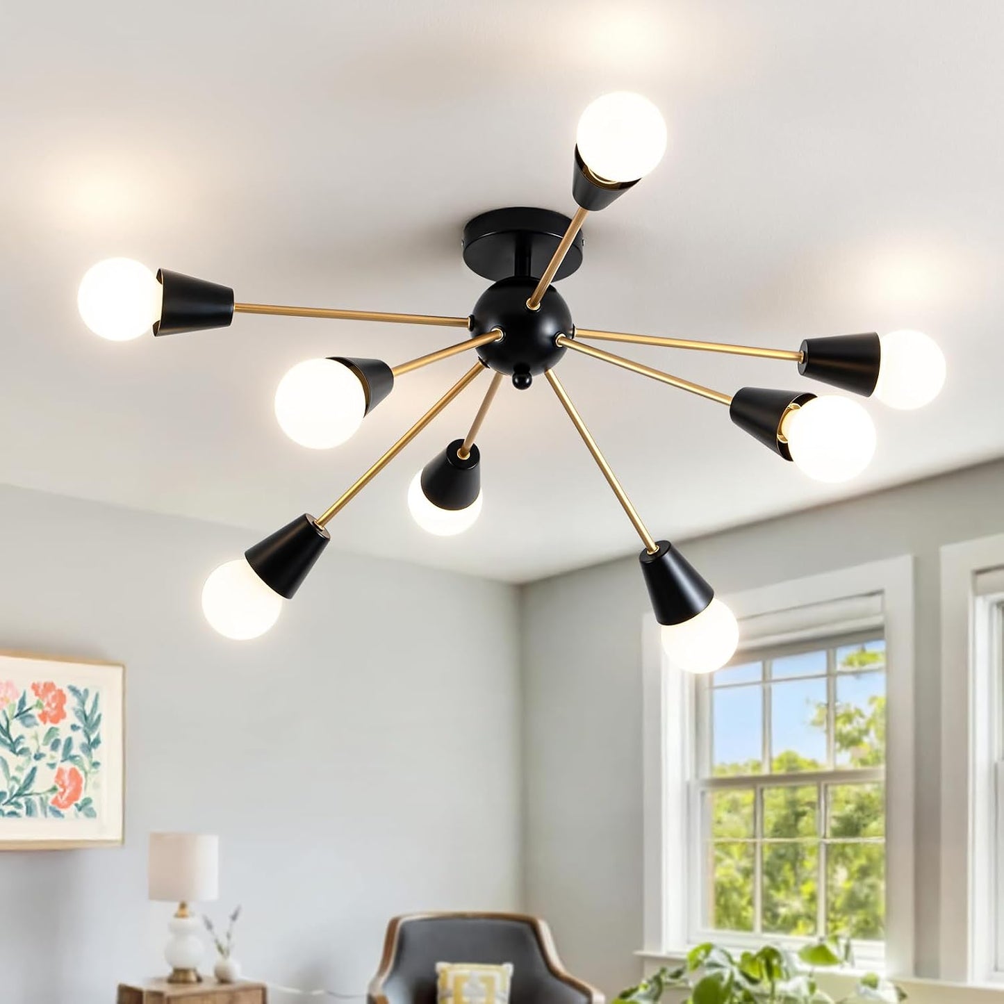 Candelabro Sputnik moderno, 8 luces de techo negras y doradas | Fác...