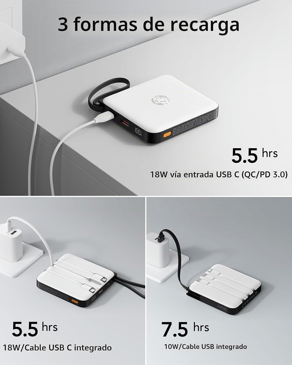 VRURC Cargador portátil de 20000 mAh con cables integrados, cargado...