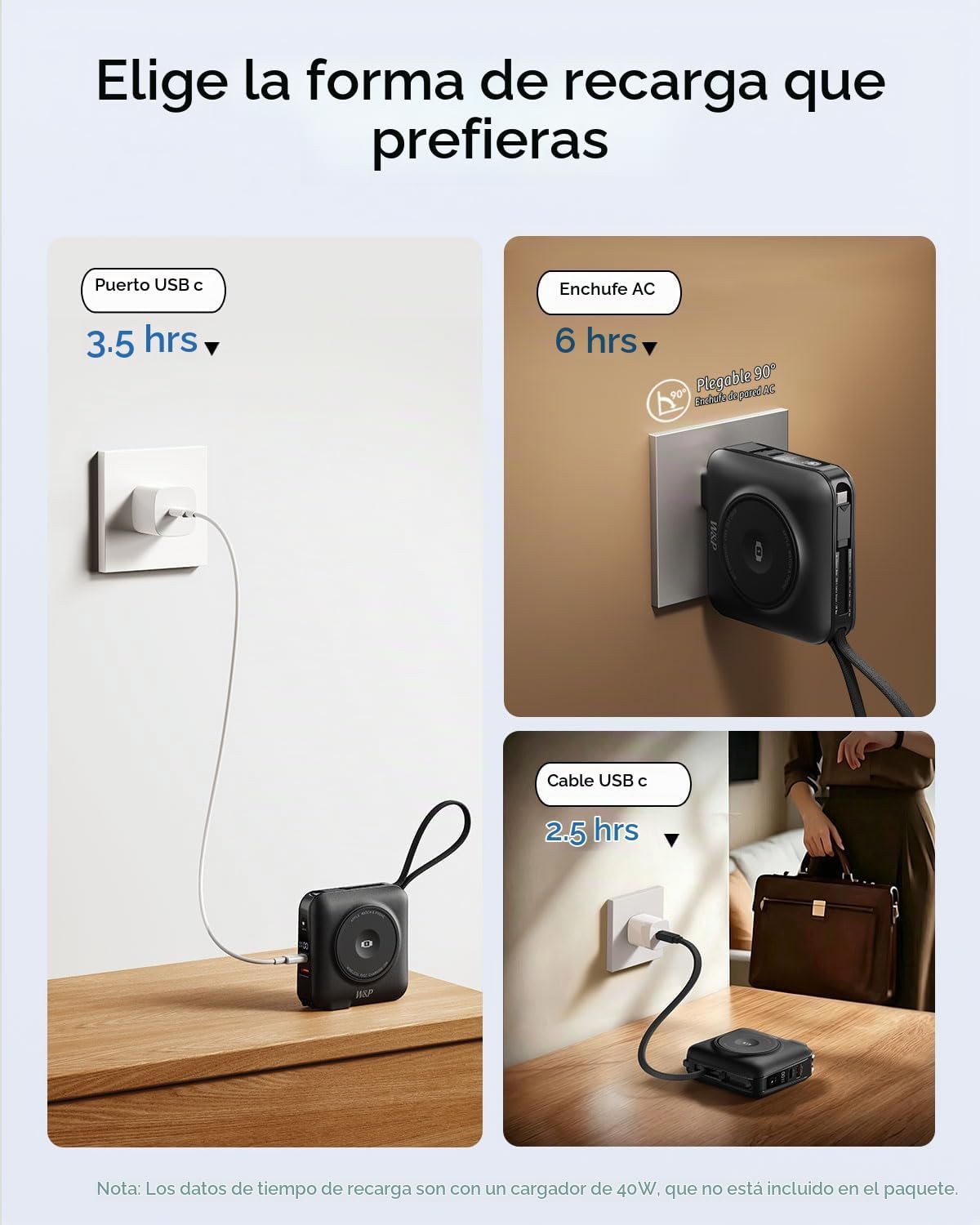 Cargador portátil magnético de carga rápida W&P de 45 W con 2 cable...