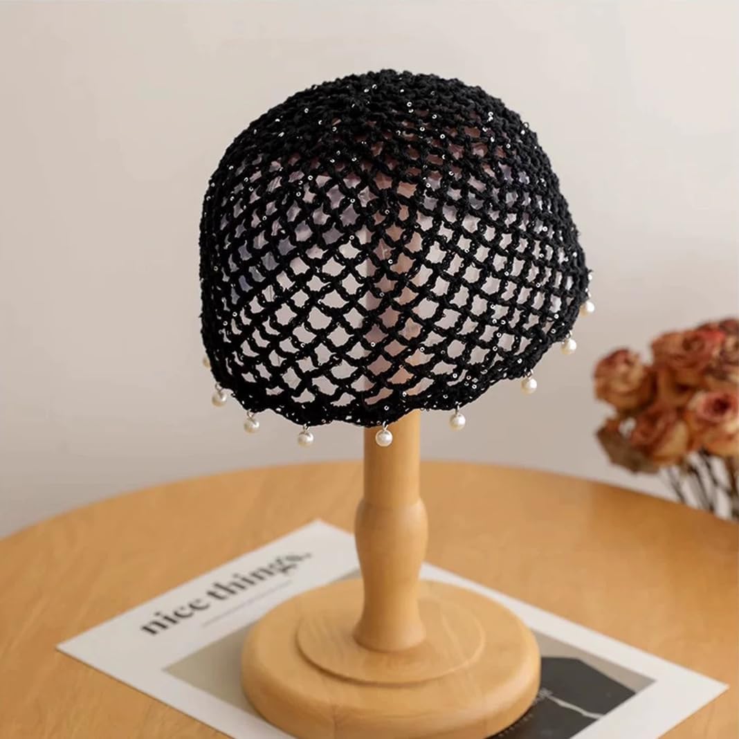 HENWASAI Gorro de ganchillo brillante para mujer con ribete de perl...