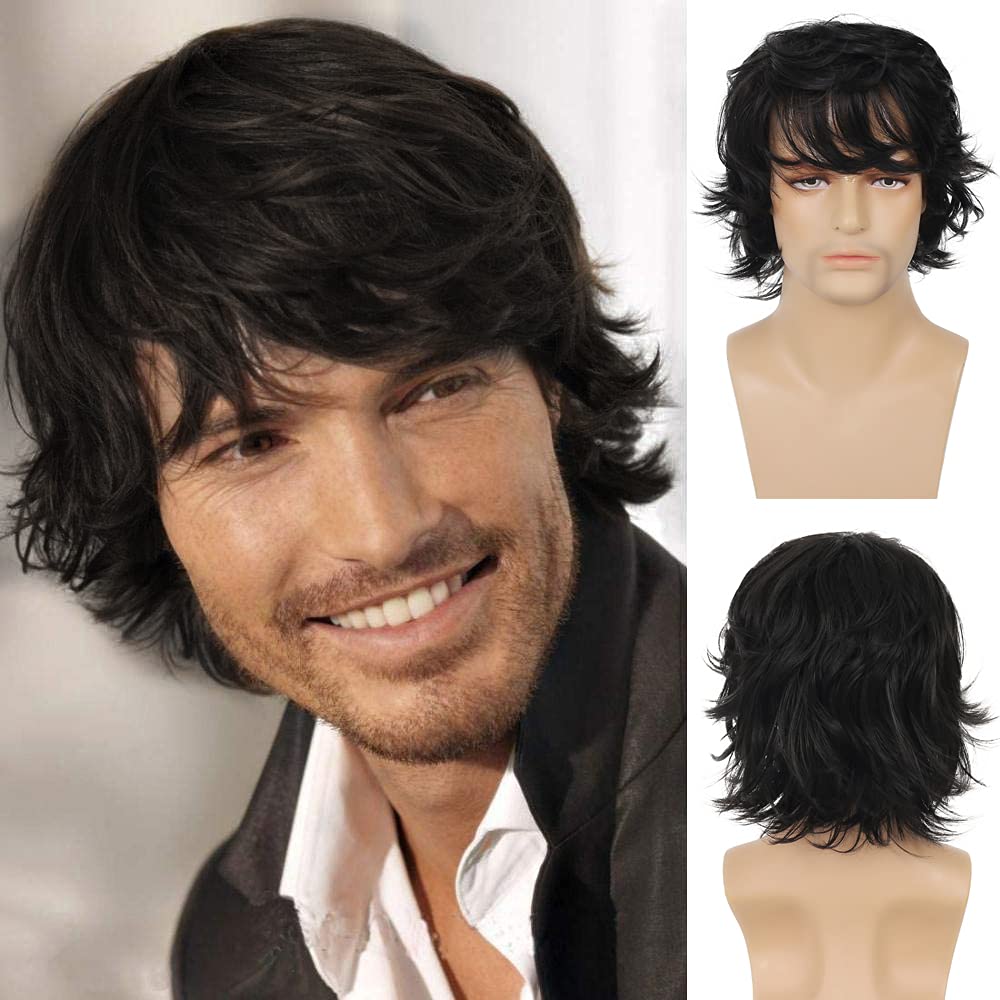 Wiwige Peluca corta negra para hombre, peluca natural esponjosa en...