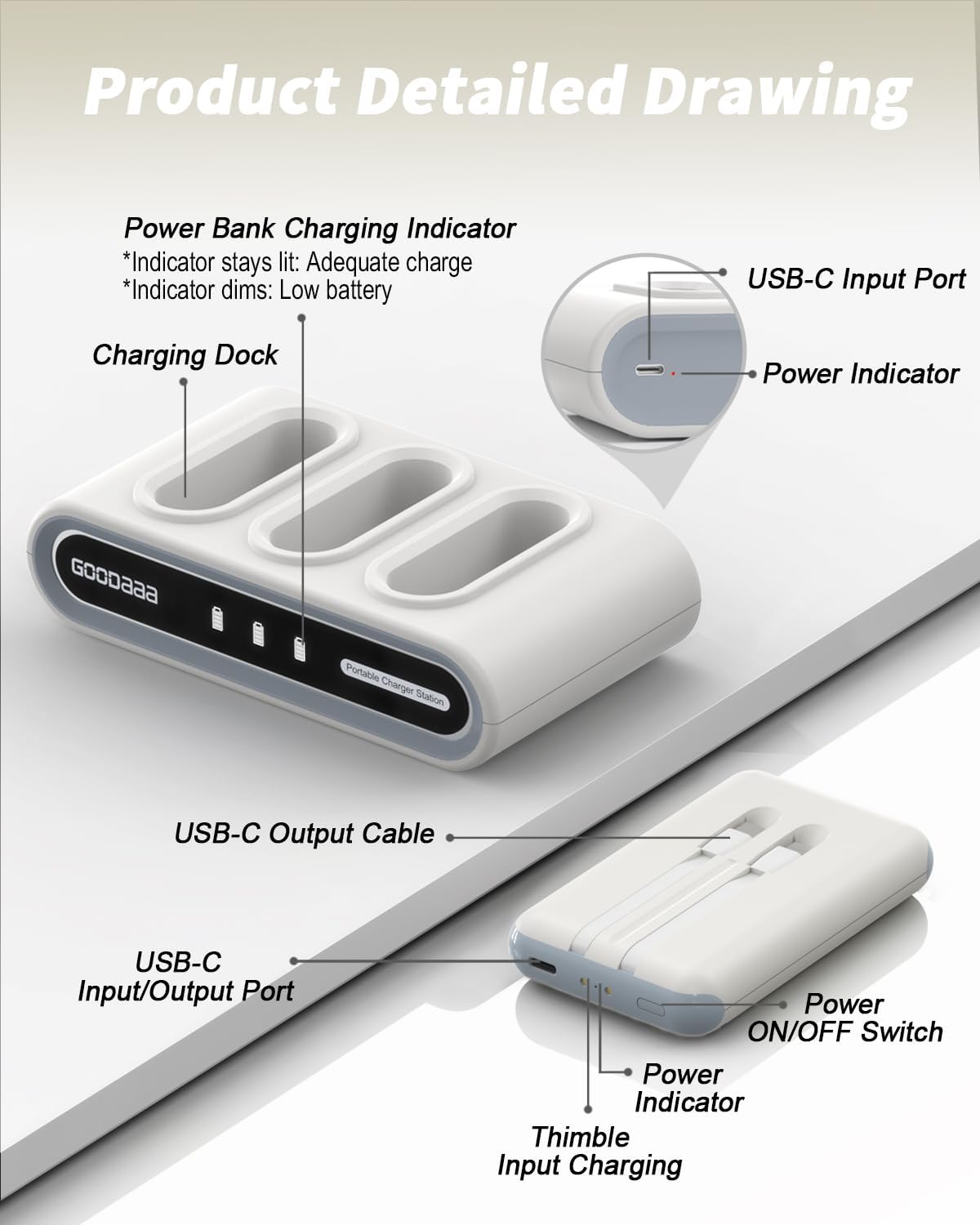 GOODaaa Cargador portátil, paquete de 3 cables integrados de banco...