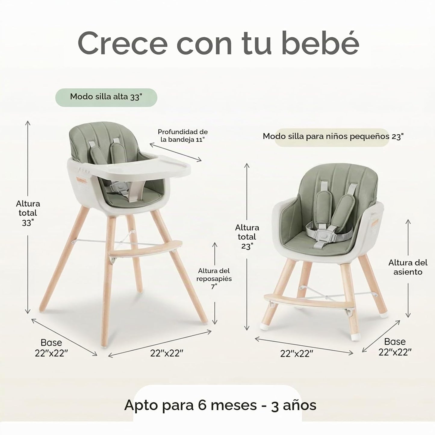 Mallify Silla alta de madera 3 en 1, sillas altas convertibles para...