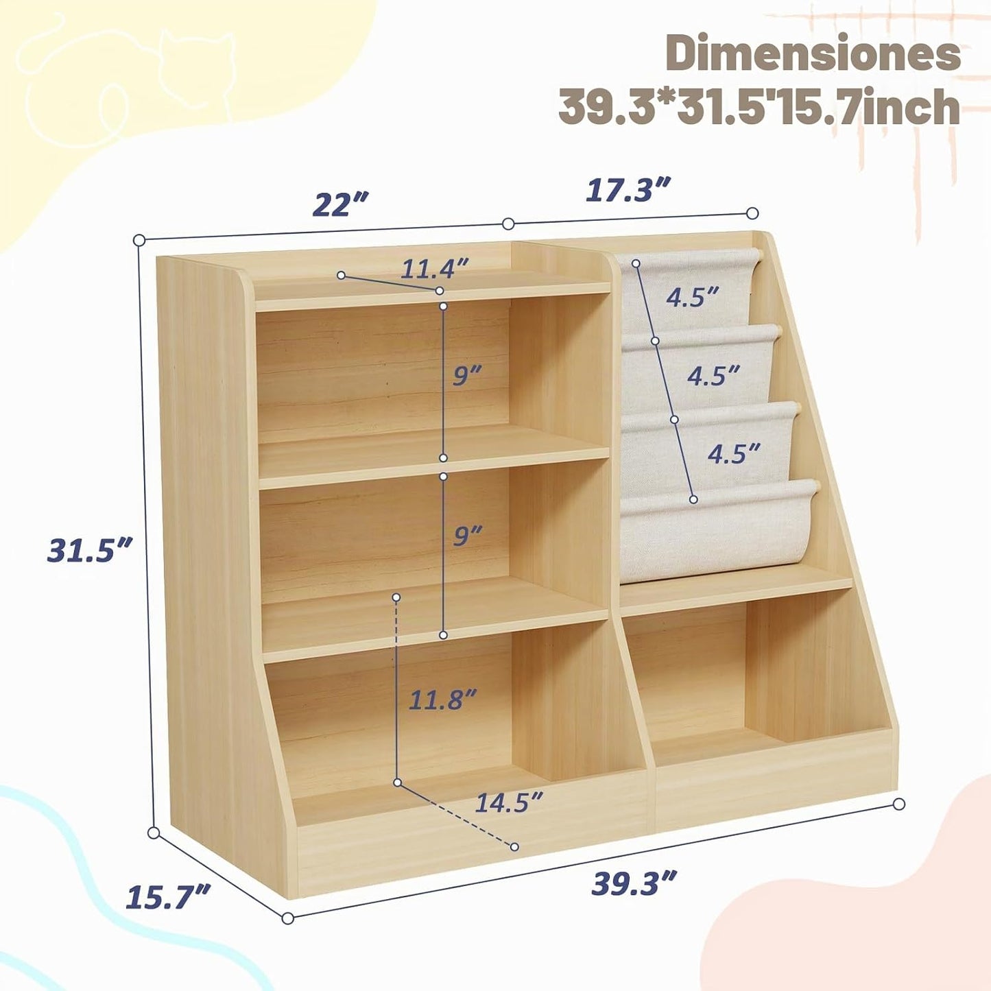 IKALIFE Estantería de madera grande para niños de 39" y organiz...