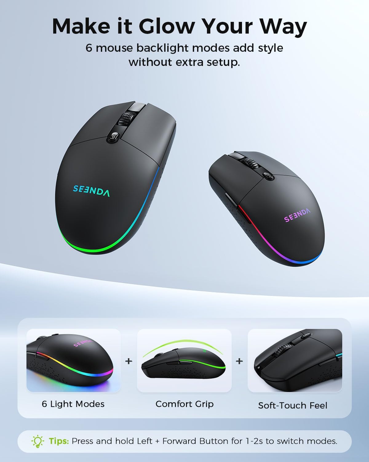 seenda Teclado y mouse inalámbricos Bluetooth, retroiluminación mul...