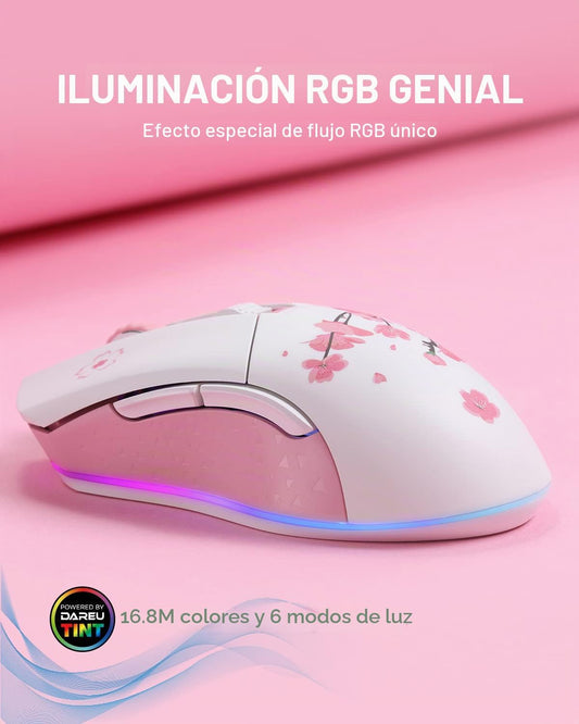 DAREU Sakura Pink - Ratón inalámbrico con cable para juegos, modo d...