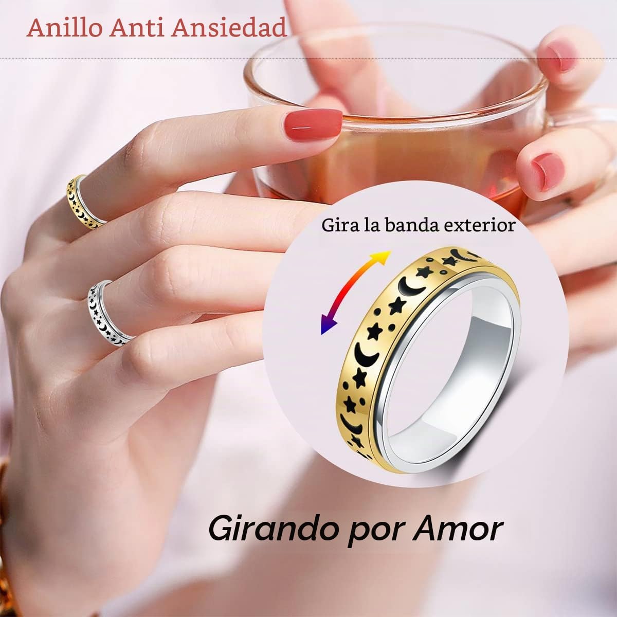 Anillo de ansiedad OreilleStar para mujer, anillo de dedo de acero...