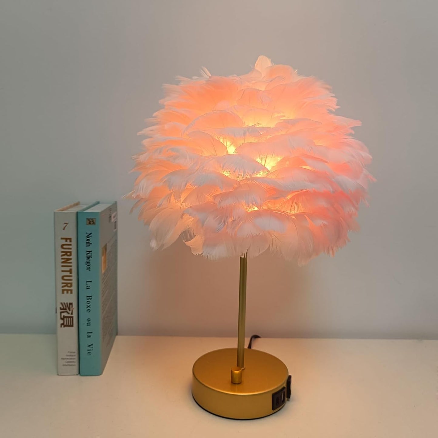ZYLEIESENBAO Lámpara de mesa con cargador USB de plumas rosas, lámp...