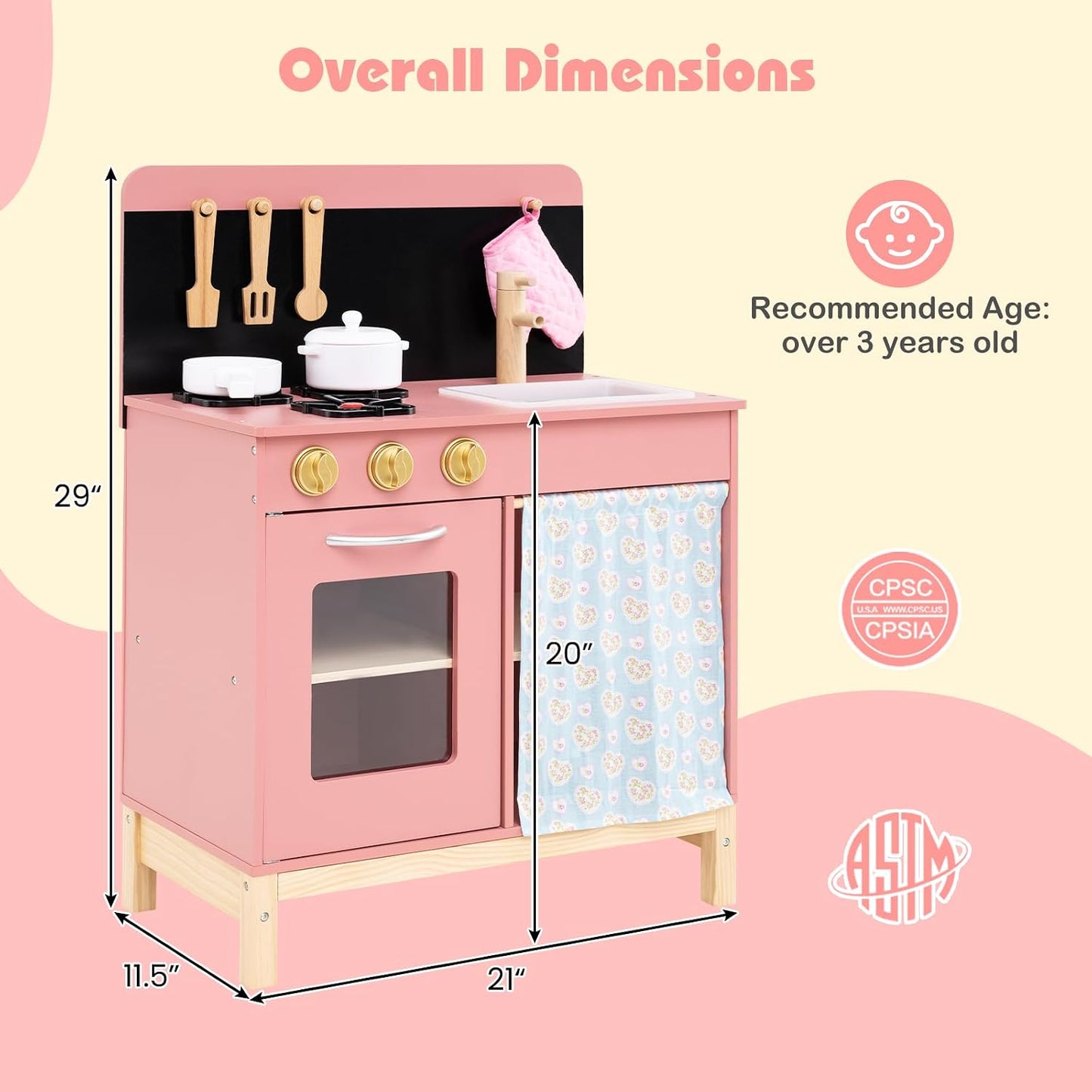 HONEY JOY Juego de cocina rosa para niños, cocina de madera para ni...