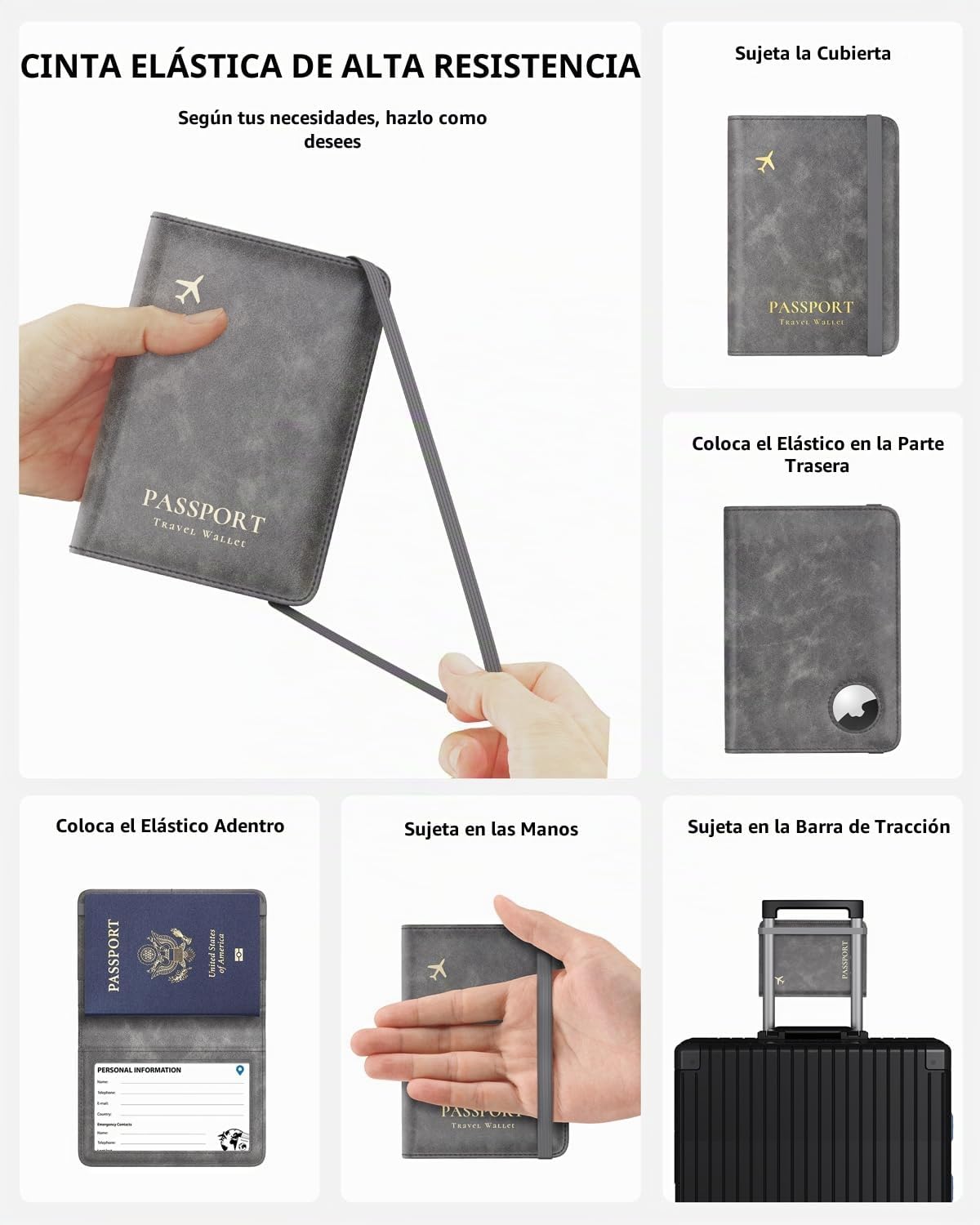 Stouchi Porta Pasaporte AirTag, Gris | Piel sintética ultradelgada...