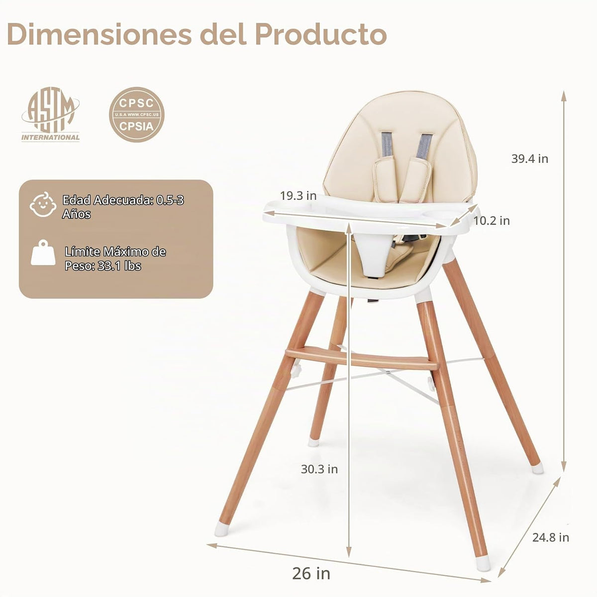 HONEY JOY Silla alta para bebé, trona de madera de haya Eat &amp; G...
